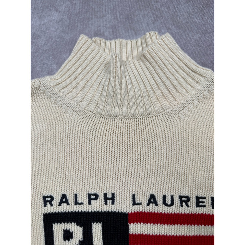 VTG Ralph Lauren Polo Jeans Co American Flag Mock Cotton Sweater Beige Womens S - Picture 10 of 13